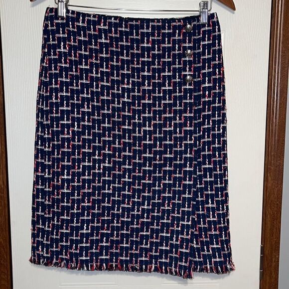 TALBOTS Boucle Navy White, Blue & Red Wrap Skirt With Slit - Picture 2 of 16
